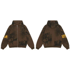 Vale Forever Vintage Leopard Print & "USA" Graphic Zip-Up Hoodie & Sweatpants Set - Brown