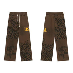 Vale Forever Vintage Leopard Print & "USA" Graphic Zip-Up Hoodie & Sweatpants Set - Brown