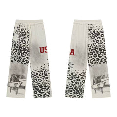 Vale Forever Vintage Leopard Print & "USA" Graphic Zip-Up Hoodie & Sweatpants Set - Grey