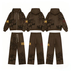 Vale Forever Vintage Leopard Print & "USA" Graphic Zip-Up Hoodie & Sweatpants Set - Brown