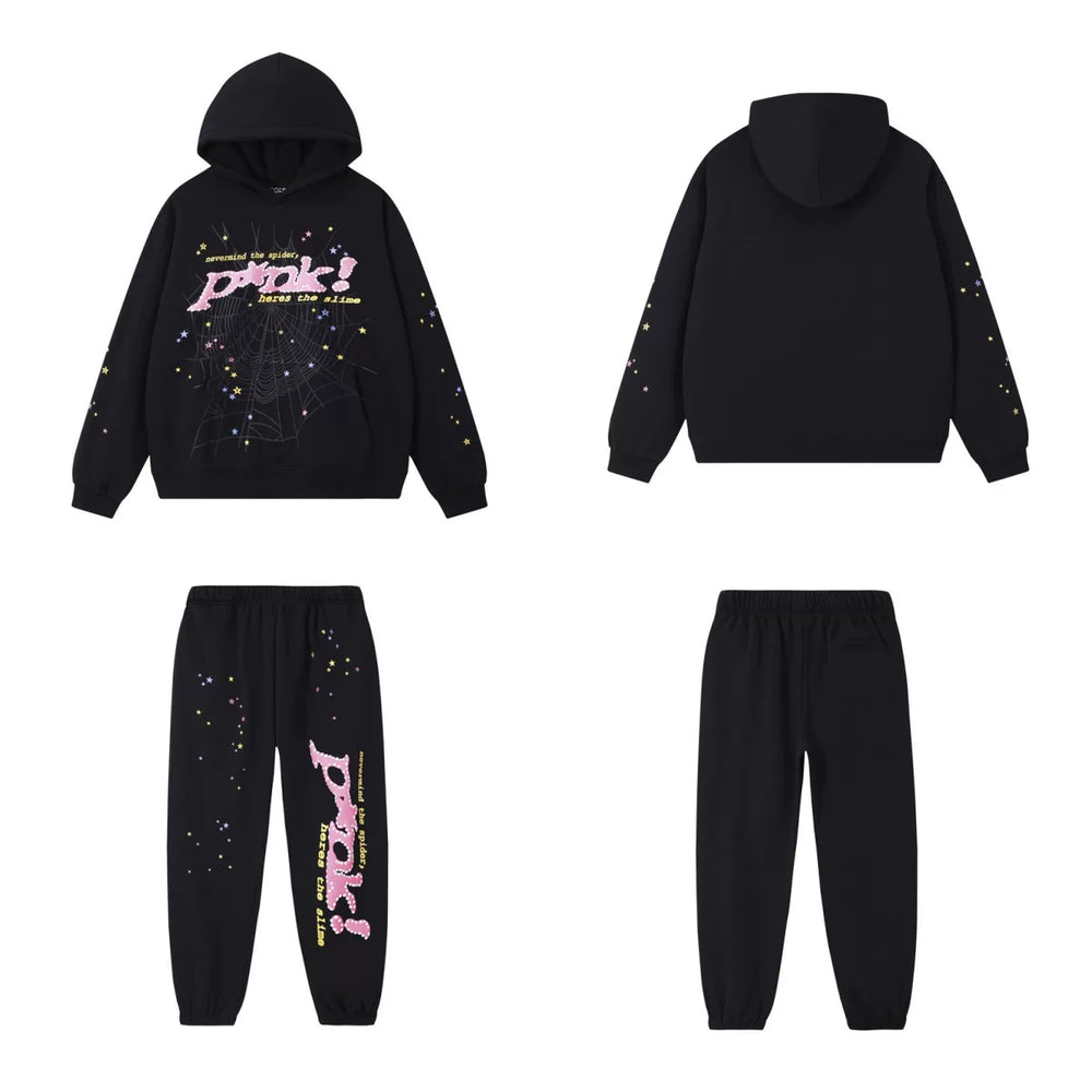 SP5DER Punk Web Graphic Pullover Hoodie and Sweatpants Matching Set - Black / Pink