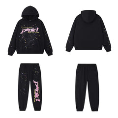 SP5DER Punk Web Graphic Pullover Hoodie and Sweatpants Matching Set - Black / Pink
