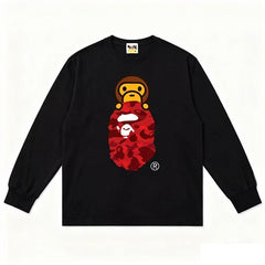 BAPE Style Baby Milo Peeking on Camo Ape Head Long-Sleeve Tee - Black/Red
