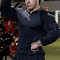 YONGLA sports long sleeved men's hooded fitness suit, muscle massage, iron dog, American trendy brand training, quick drying, elastic
