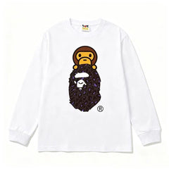 BAPE Style Baby Milo on Dark Leopard Camo Ape Head Long-Sleeve Tee - White/Dark Leopard
