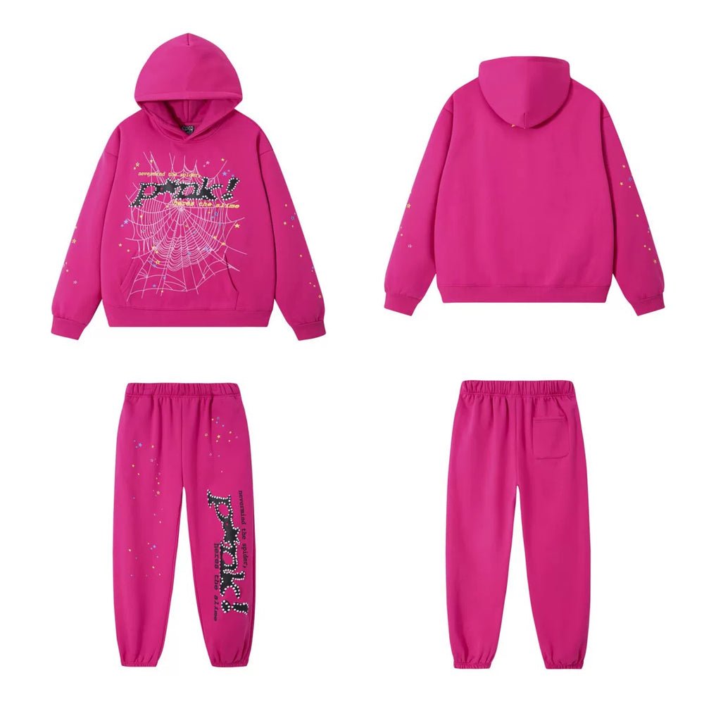SP5DER Punk Web Graphic Pullover Hoodie and Sweatpants Matching Set - Pink