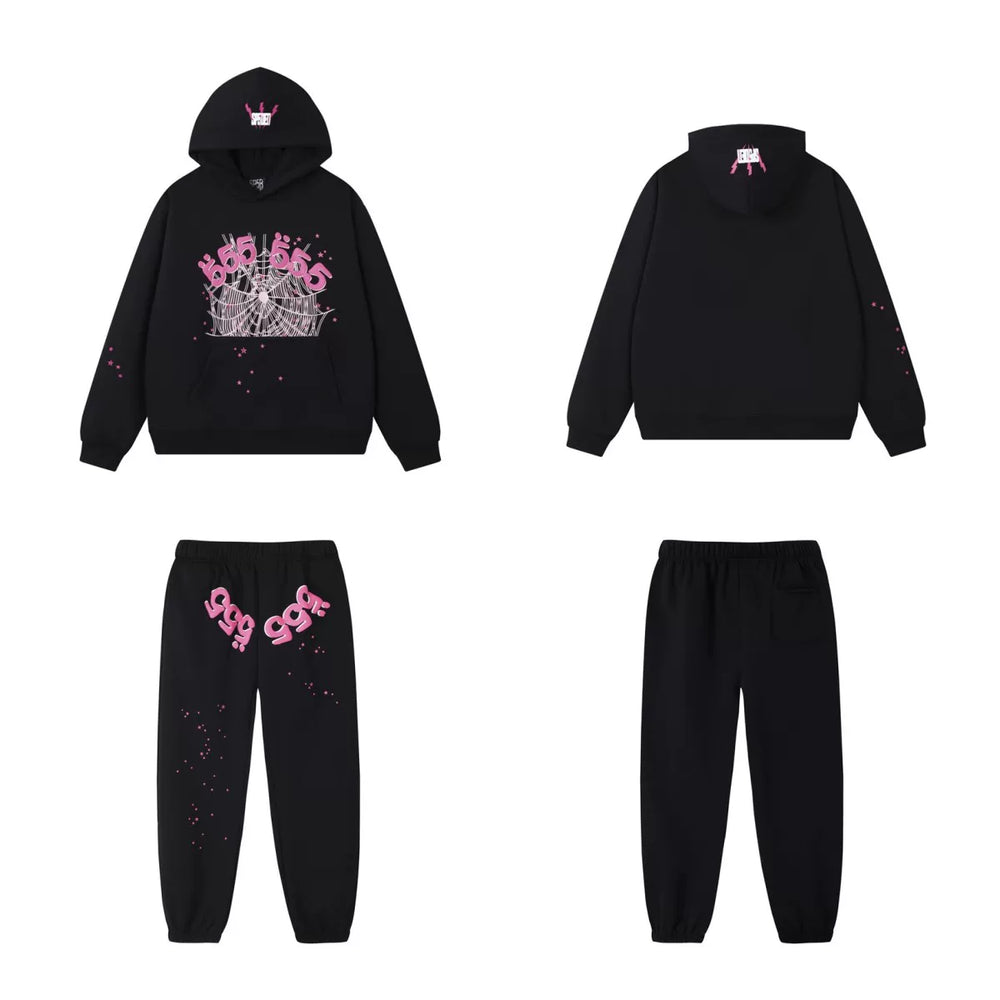 SP5DER Crown Graphic Pullover Hoodie and Sweatpants Matching Set - Black / Pink