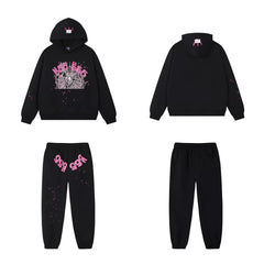 SP5DER Crown Graphic Pullover Hoodie and Sweatpants Matching Set - Black / Pink