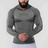 YONGLA sports long sleeved men's hooded fitness suit, muscle massage, iron dog, American trendy brand training, quick drying, elastic