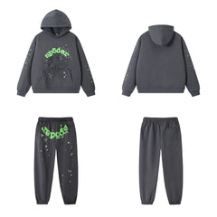 SP5DER Web Graphic Pullover Hoodie and Sweatpants Matching Set - Charcoal Grey / Neon Green
