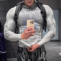 YONGLA sports long sleeved men's hooded fitness suit, muscle massage, iron dog, American trendy brand training, quick drying, elastic