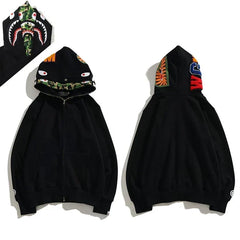 BAPE Style Solid Black Shark Full-Zip Hoodie - Green Camo Interior