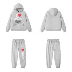SP5DER Heart Web Graphic Pullover Hoodie and Sweatpants Matching Set - Heather Grey