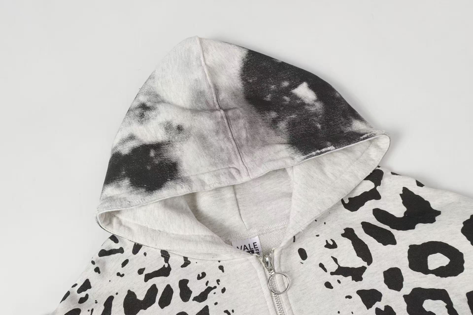 Vale Forever Vintage Leopard Print & "USA" Graphic Zip-Up Hoodie & Sweatpants Set - Grey