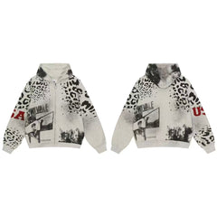 Vale Forever Vintage Leopard Print & "USA" Graphic Zip-Up Hoodie & Sweatpants Set - Grey