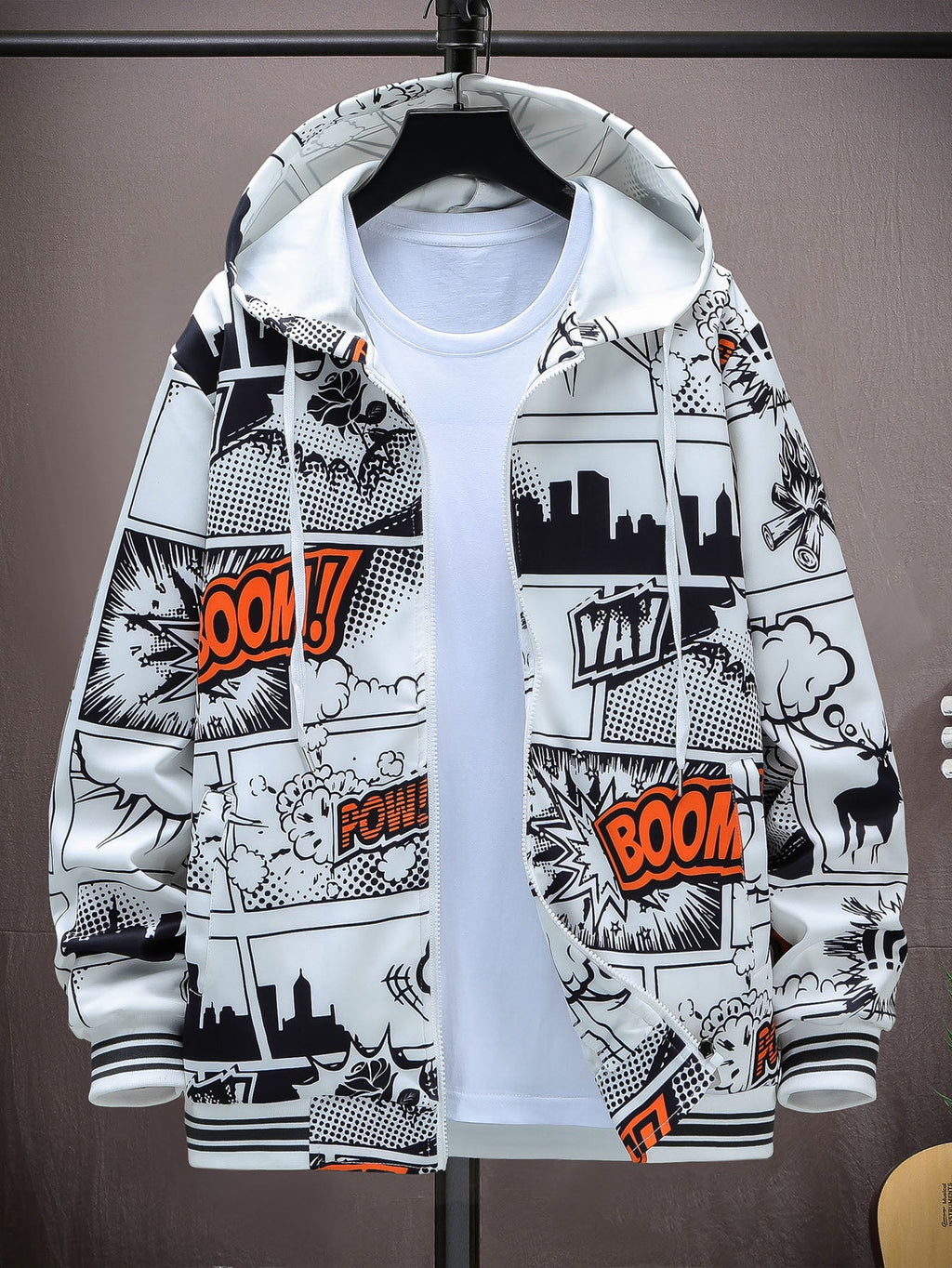 Men 1pc Pop Art Print Zip Up Drawstring Rave Hooded Jacket