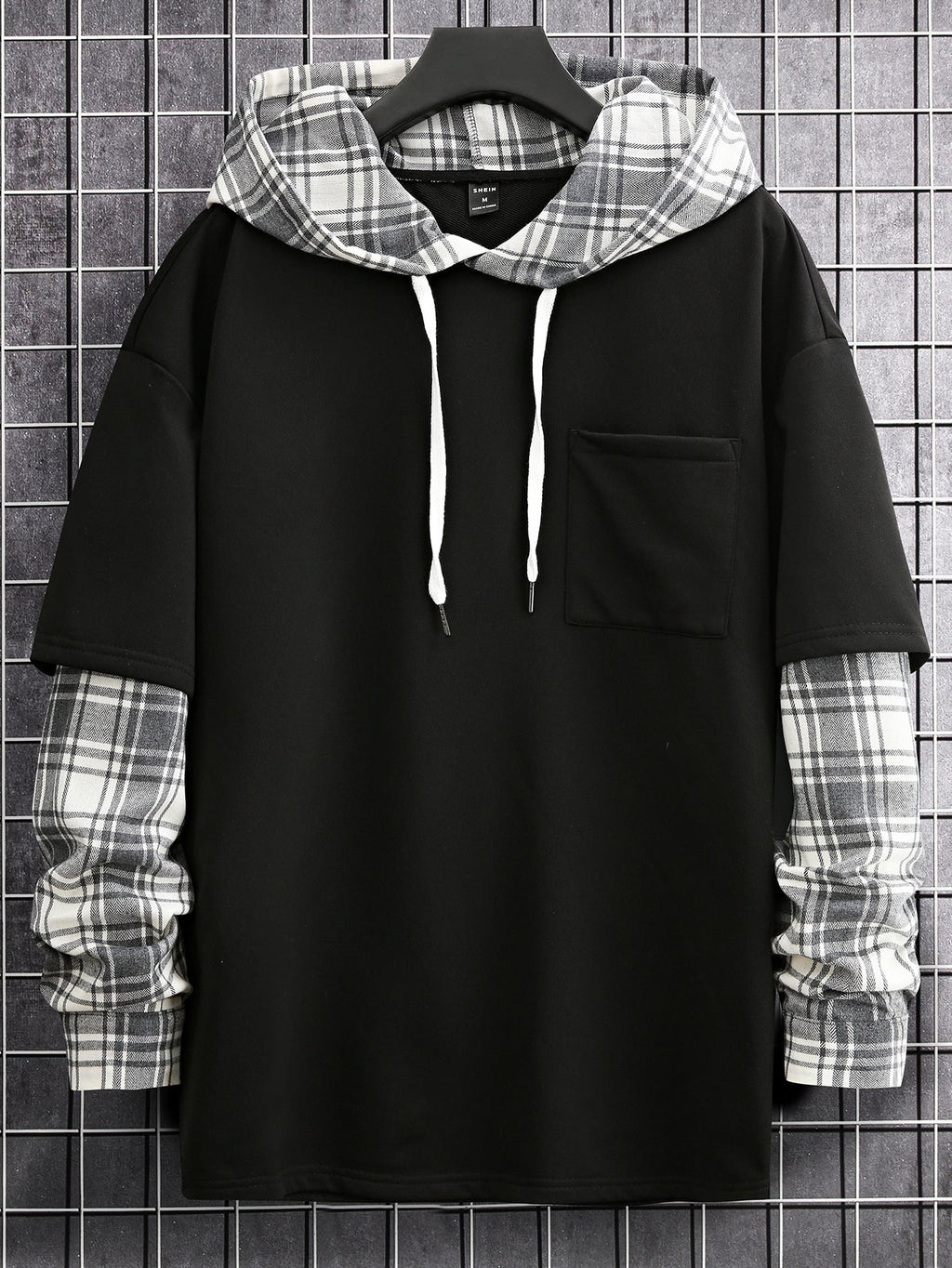 Men's Loose Plaid Patched Pocket Drop Shoulder Drawstring 2 In 1 Hoodie