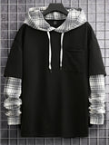 Men's Loose Plaid Patched Pocket Drop Shoulder Drawstring 2 In 1 Hoodie
