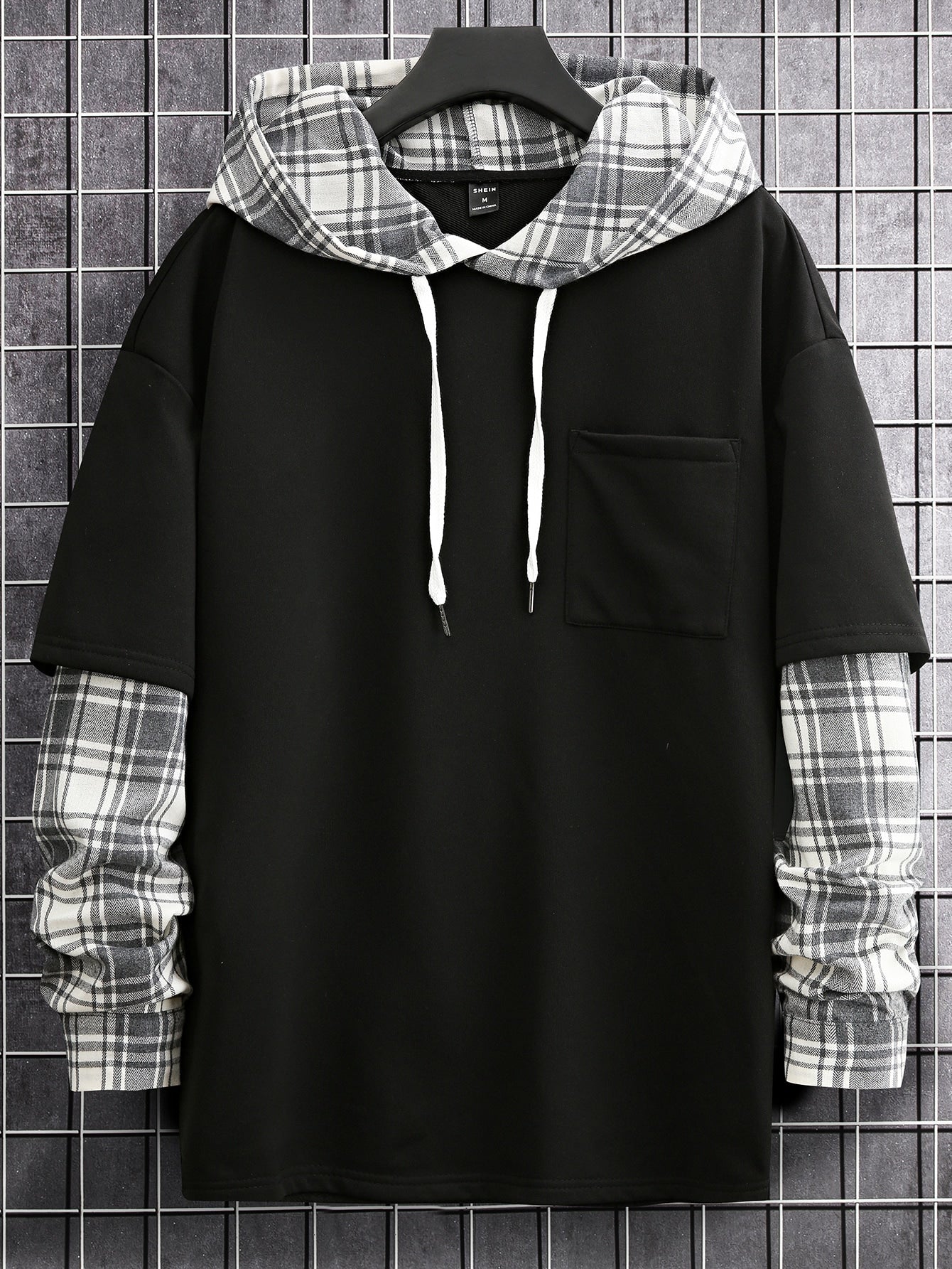 Men's Loose Plaid Patched Pocket Drop Shoulder Drawstring 2 In 1 Hoodie