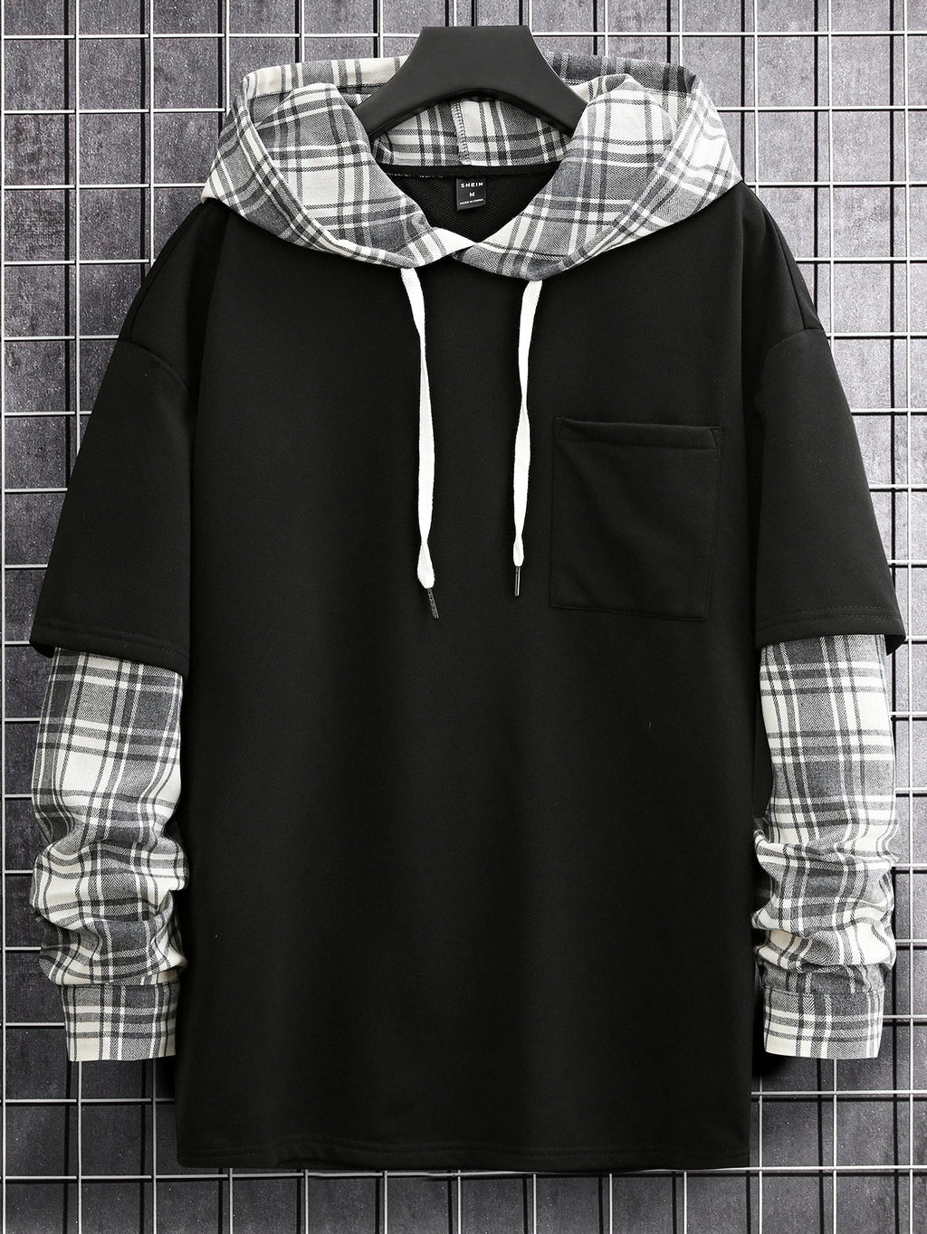 Men's Loose Plaid Patched Pocket Drop Shoulder Drawstring 2 In 1 Hoodie