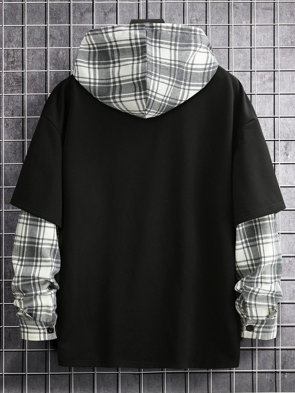 Men's Loose Plaid Patched Pocket Drop Shoulder Drawstring 2 In 1 Hoodie