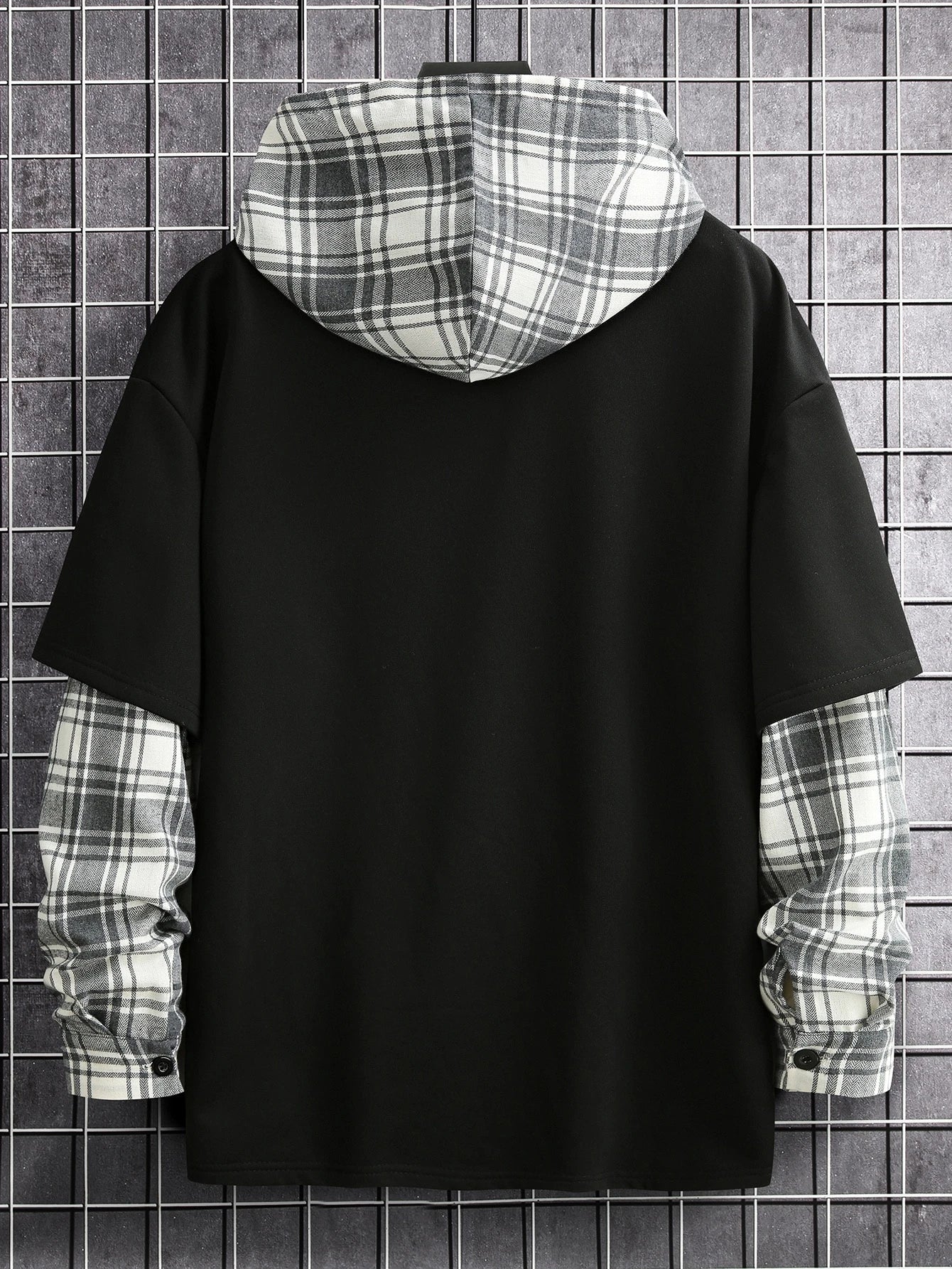 Men's Loose Plaid Patched Pocket Drop Shoulder Drawstring 2 In 1 Hoodie