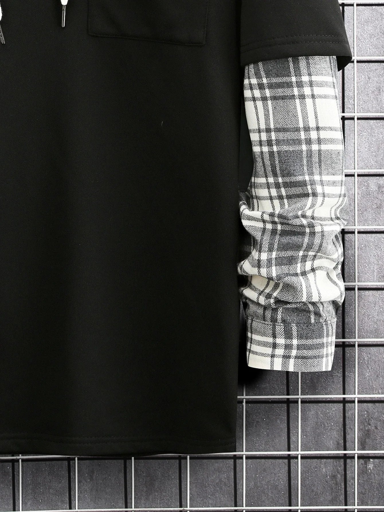 Men's Loose Plaid Patched Pocket Drop Shoulder Drawstring 2 In 1 Hoodie