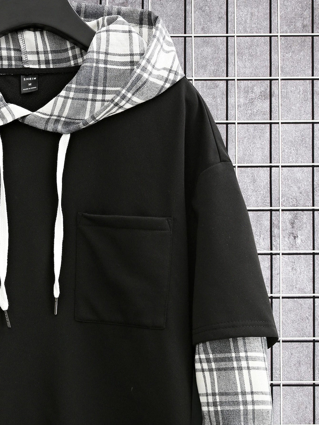 Men's Loose Plaid Patched Pocket Drop Shoulder Drawstring 2 In 1 Hoodie