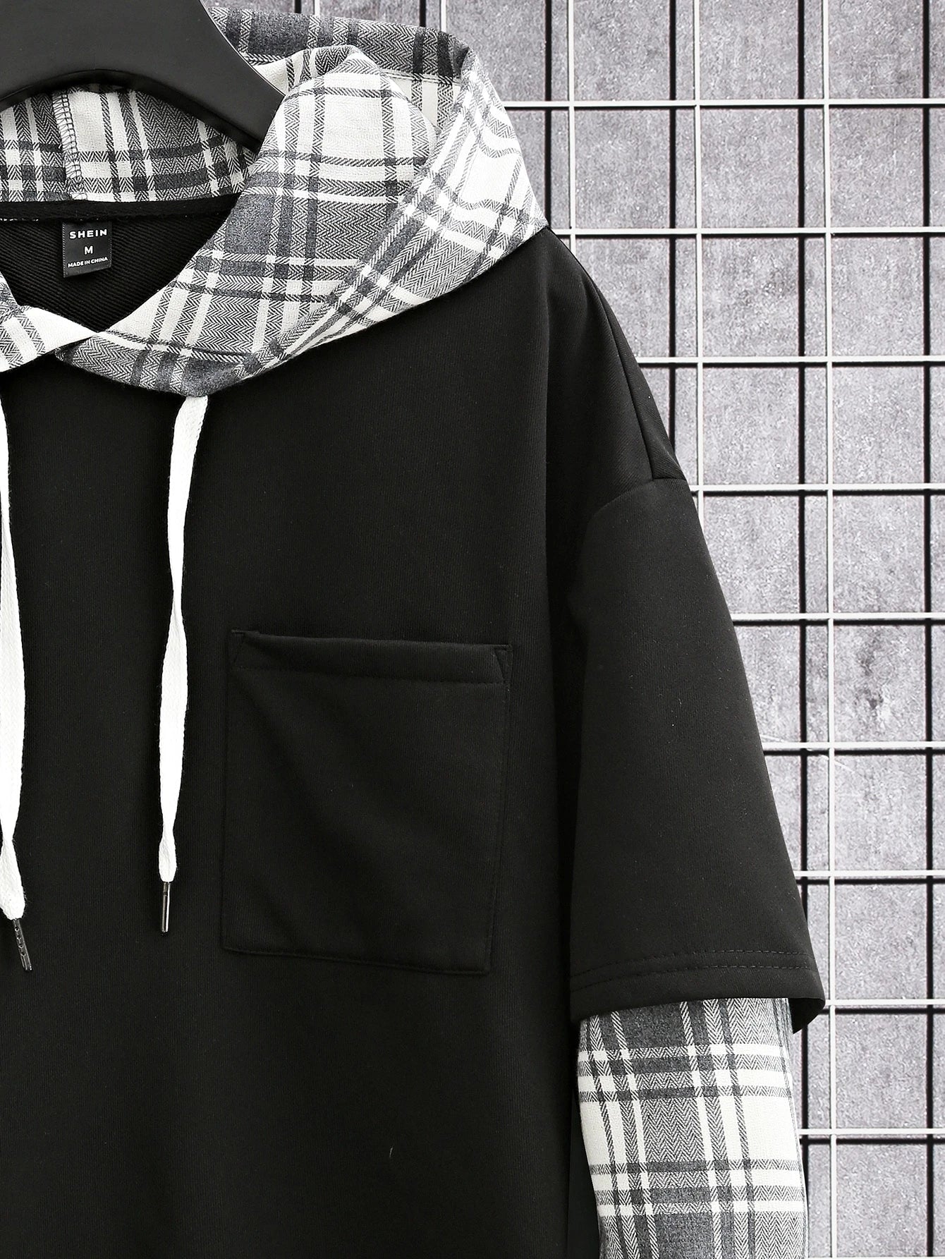 Men's Loose Plaid Patched Pocket Drop Shoulder Drawstring 2 In 1 Hoodie