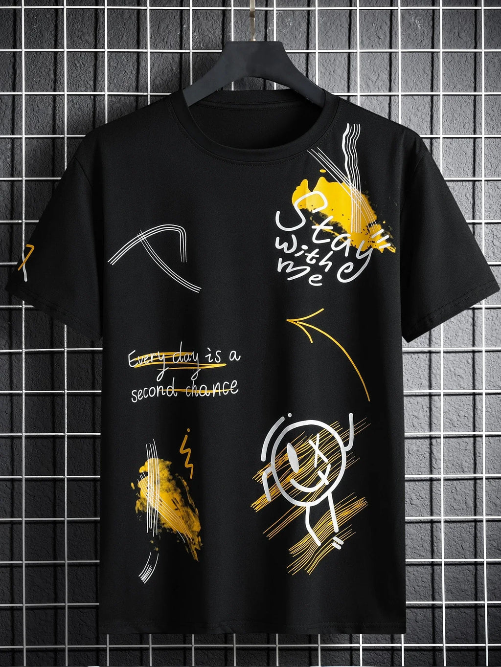 Men T-Shirt Fit Crew Neck Short Sleeve Graffiti Tee Funny Casual Summer Polyester