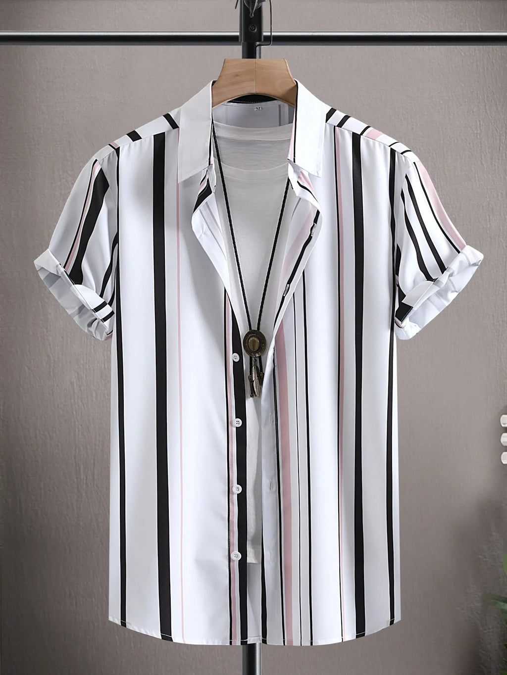 Men Vertical Striped Shirt Without Tee , Slim Fit Short Sleeve Stripe Shirt