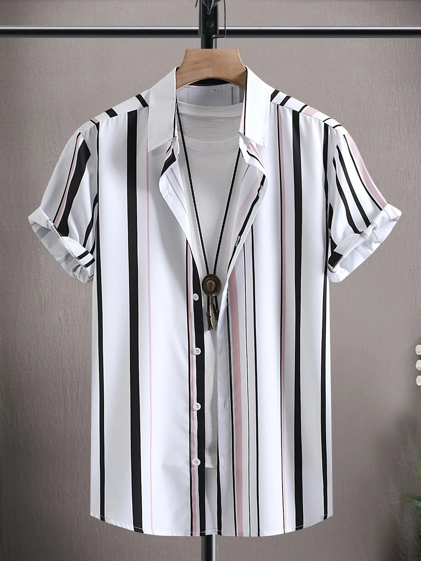 Men Vertical Striped Shirt Without Tee , Slim Fit Short Sleeve Stripe Shirt