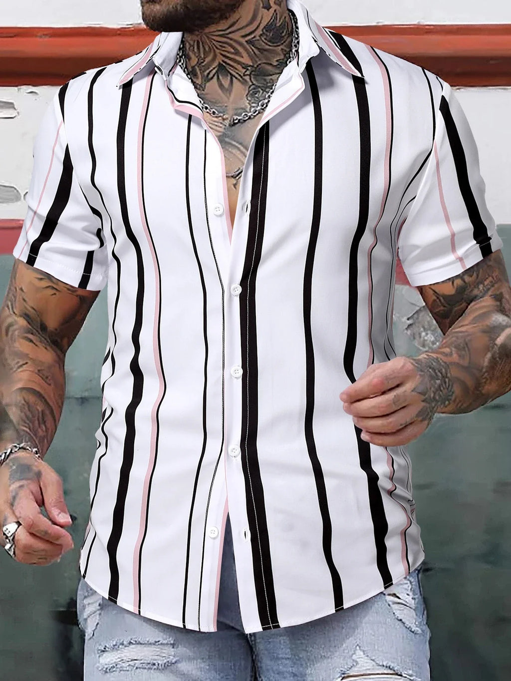 Men Vertical Striped Shirt Without Tee , Slim Fit Short Sleeve Stripe Shirt
