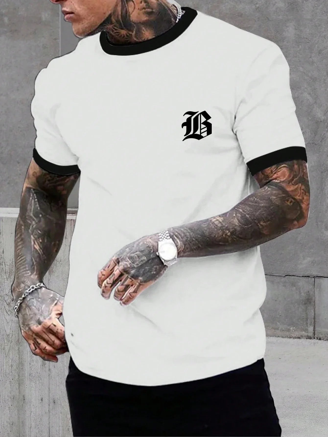 Men Letter Graphic Contrast Trim Short Sleeve Ringer Tee