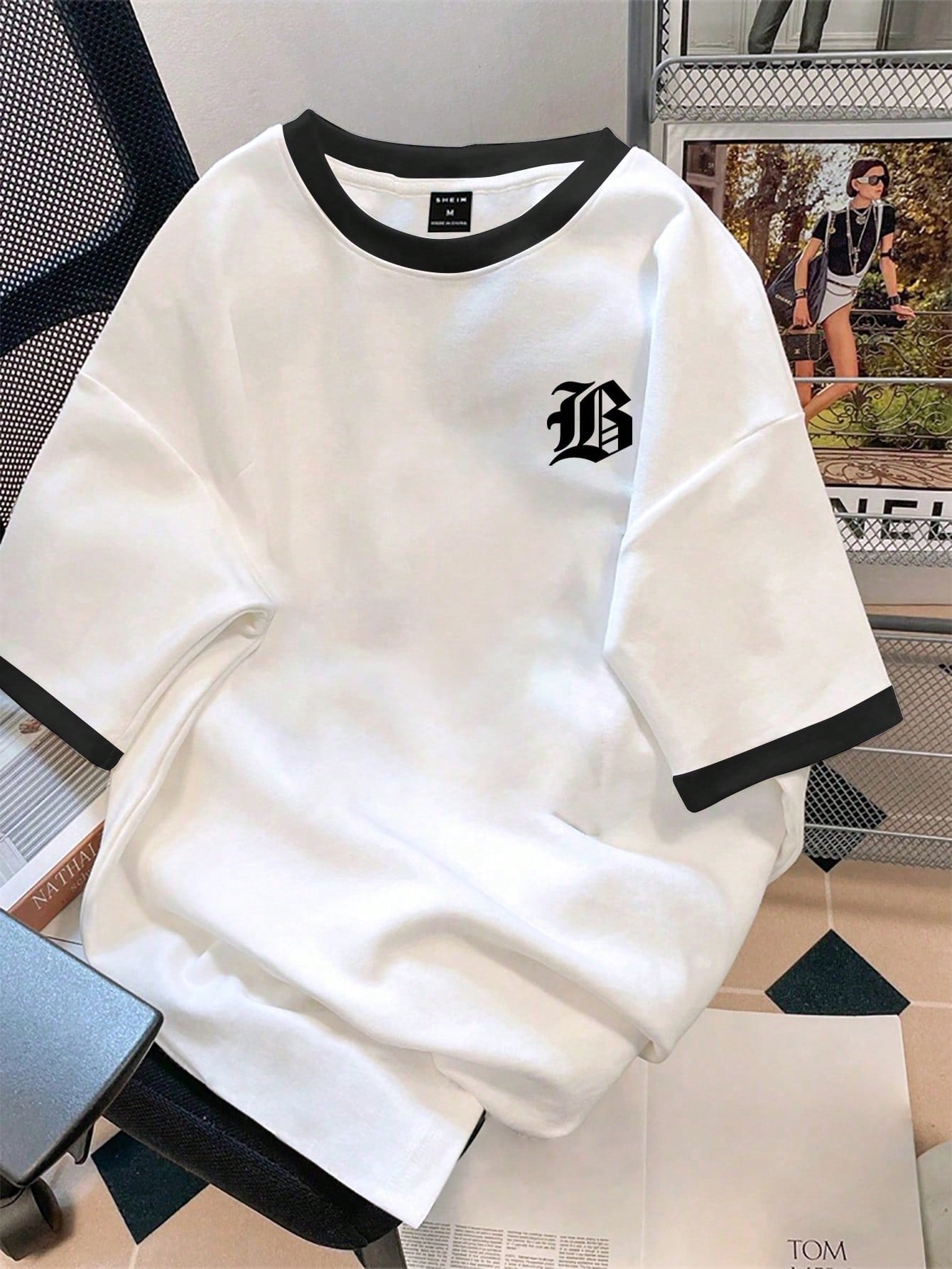 Men Letter Graphic Contrast Trim Short Sleeve Ringer Tee