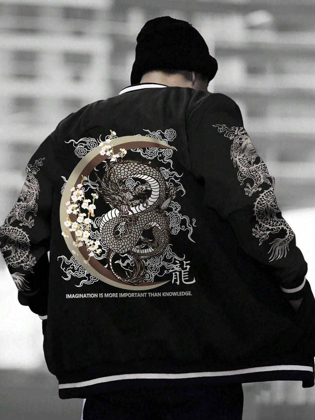 Men Chinese Dragon & Slogan Graphic Striped Trim Drop Shoulder Jacket Without Hoodie