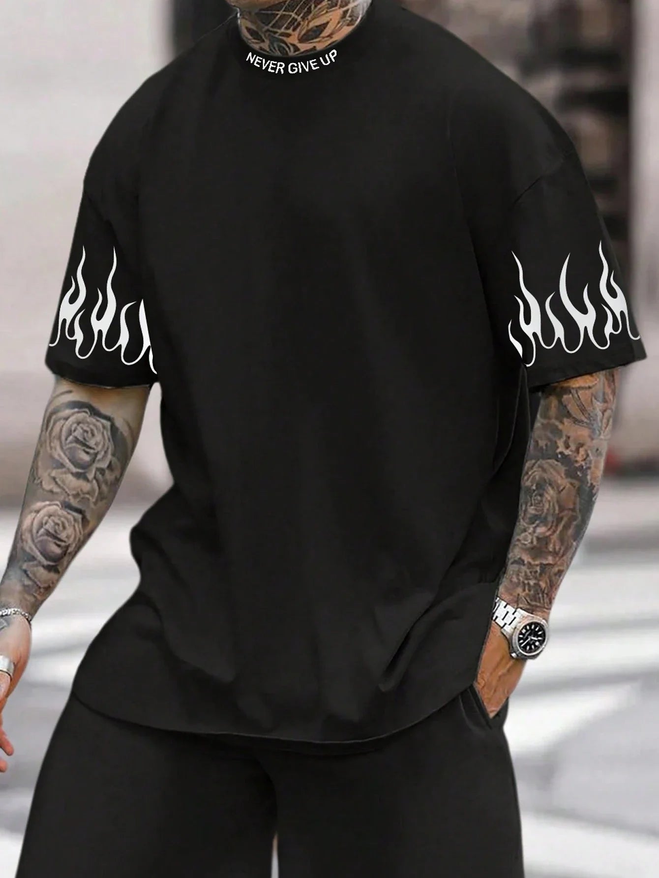 Men Casual Slogan And Flame Print Short Sleeve T-Shirt