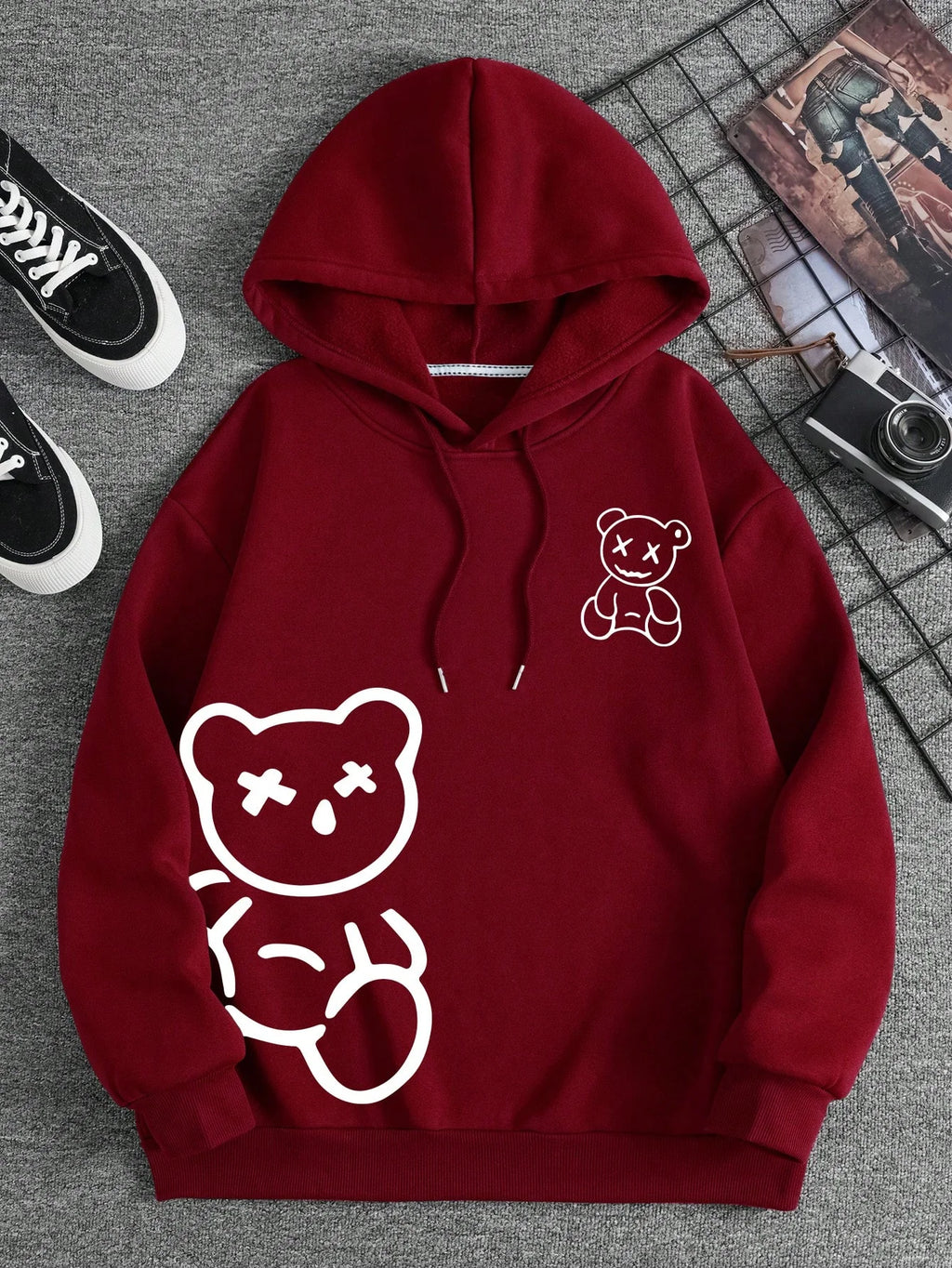 Men's Bear Print Drawstring Hooded Fleece Sweatshirt