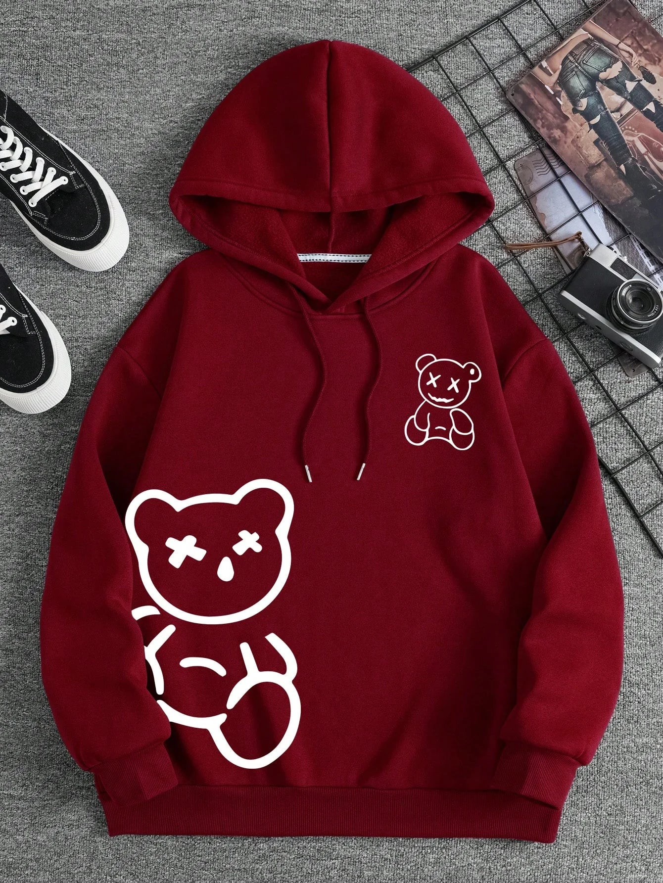 Men's Bear Print Drawstring Hooded Fleece Sweatshirt