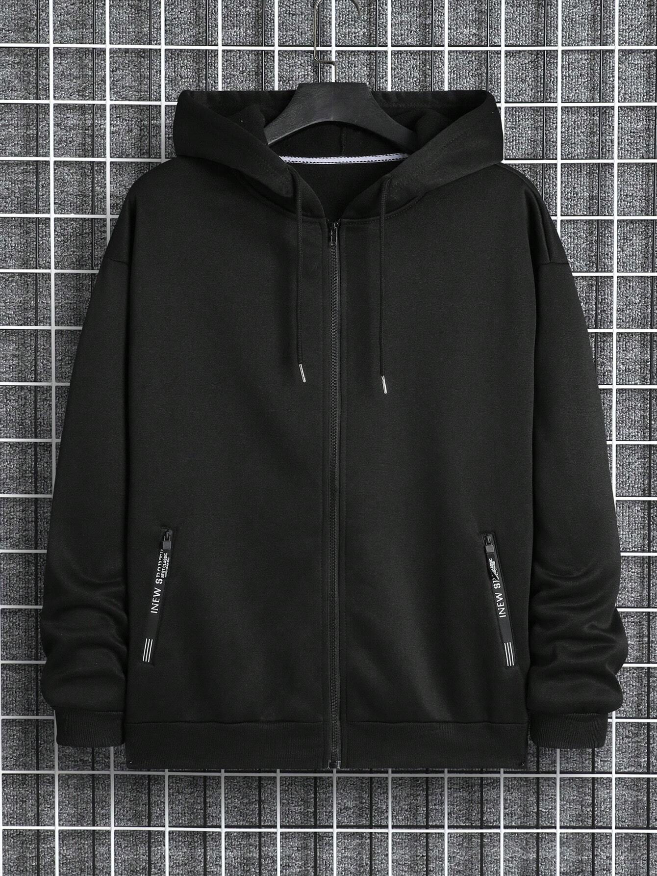 Men Letter Graphic Zip Up Drawstring Thermal Lined Hoodie