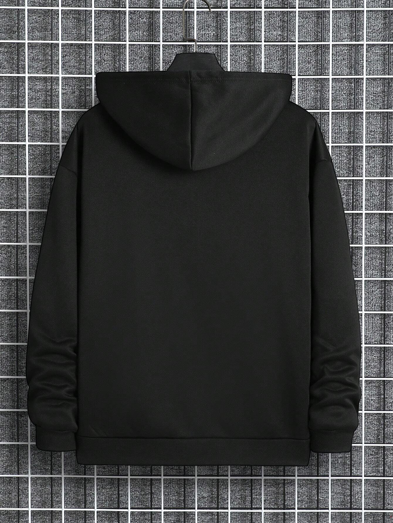 Men Letter Graphic Zip Up Drawstring Thermal Lined Hoodie