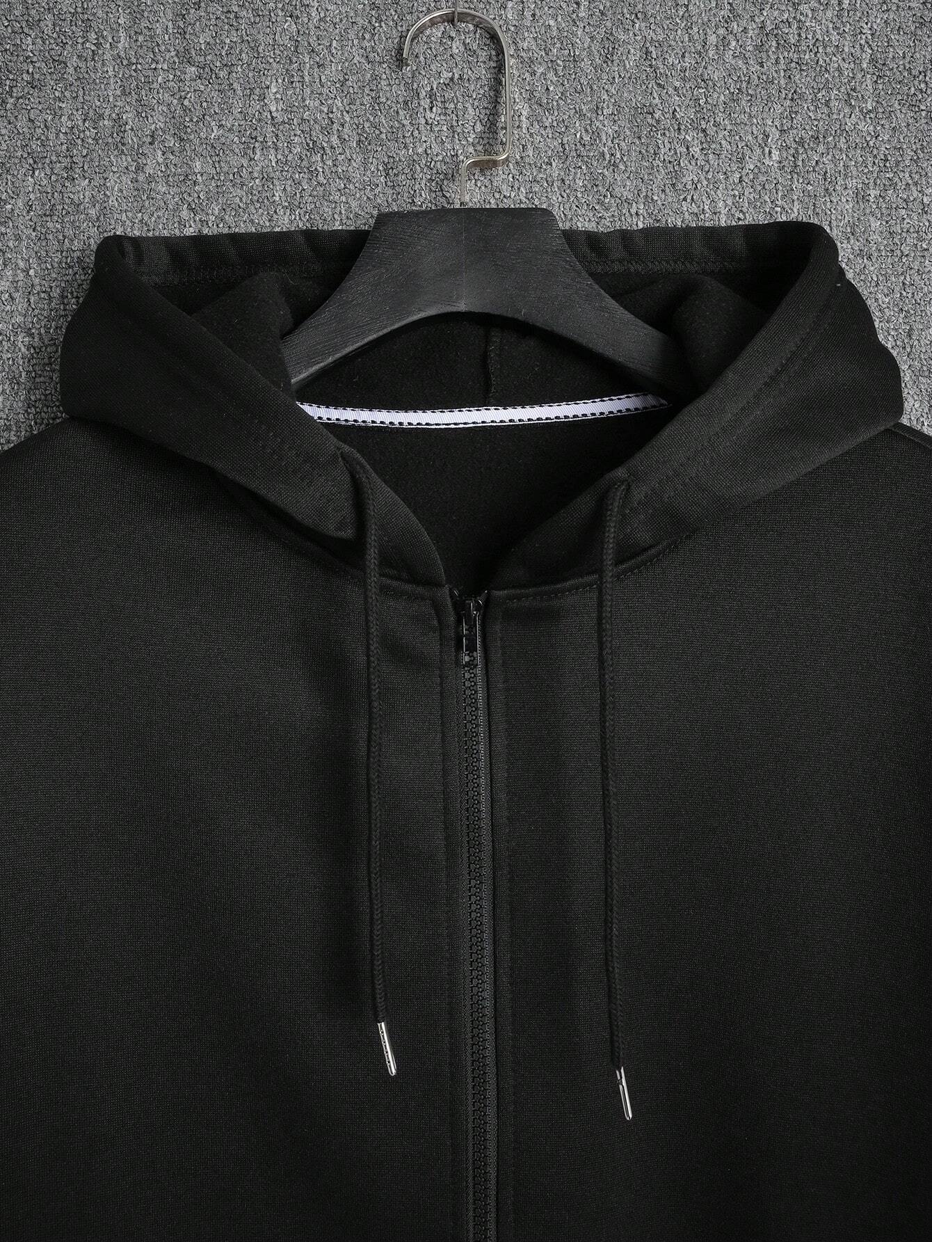 Men Letter Graphic Zip Up Drawstring Thermal Lined Hoodie