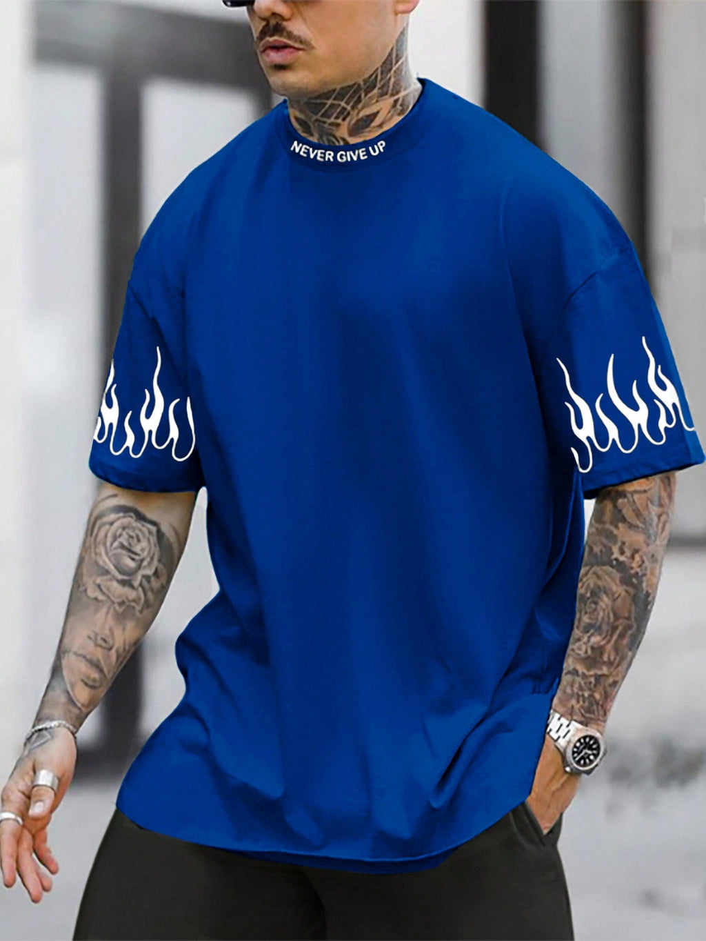 Men Casual Slogan And Flame Print Short Sleeve T-Shirt