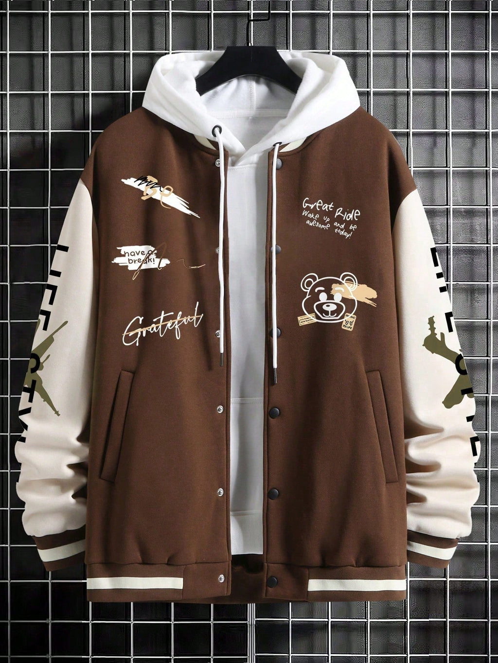 Men's Graffiti Printed Baseball Jacket, For Fall Winter