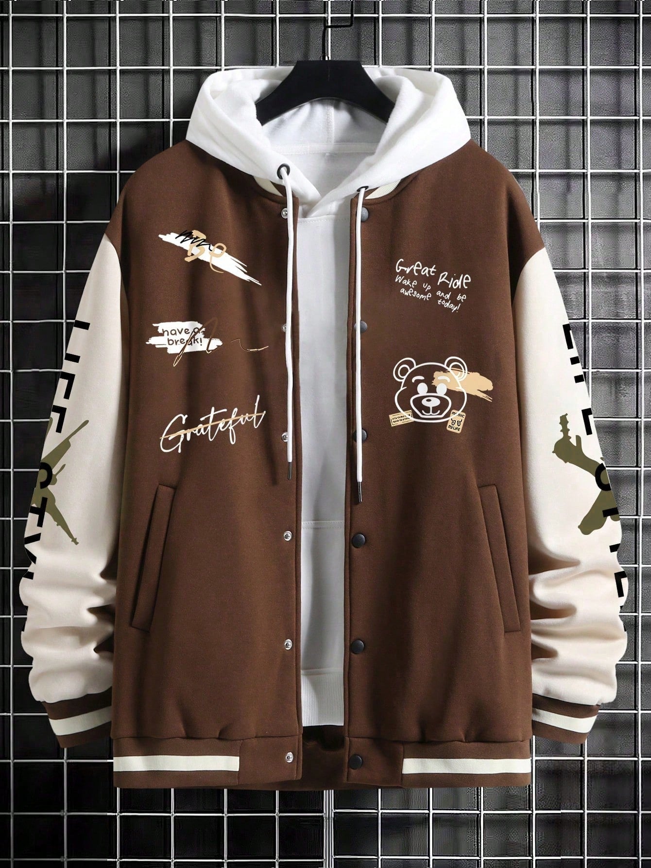 Men's Graffiti Printed Baseball Jacket, For Fall Winter