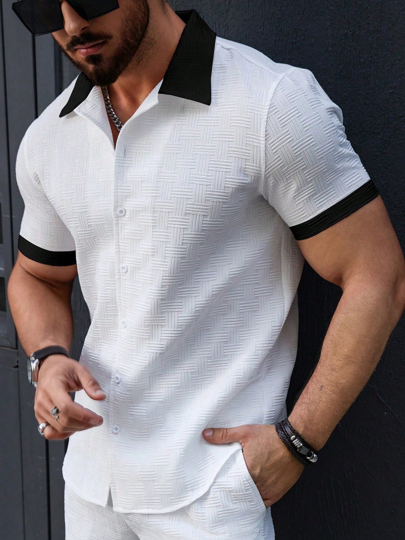 Men's Contrast Color Patchwork Front Button Casual Short Sleeve Shirt