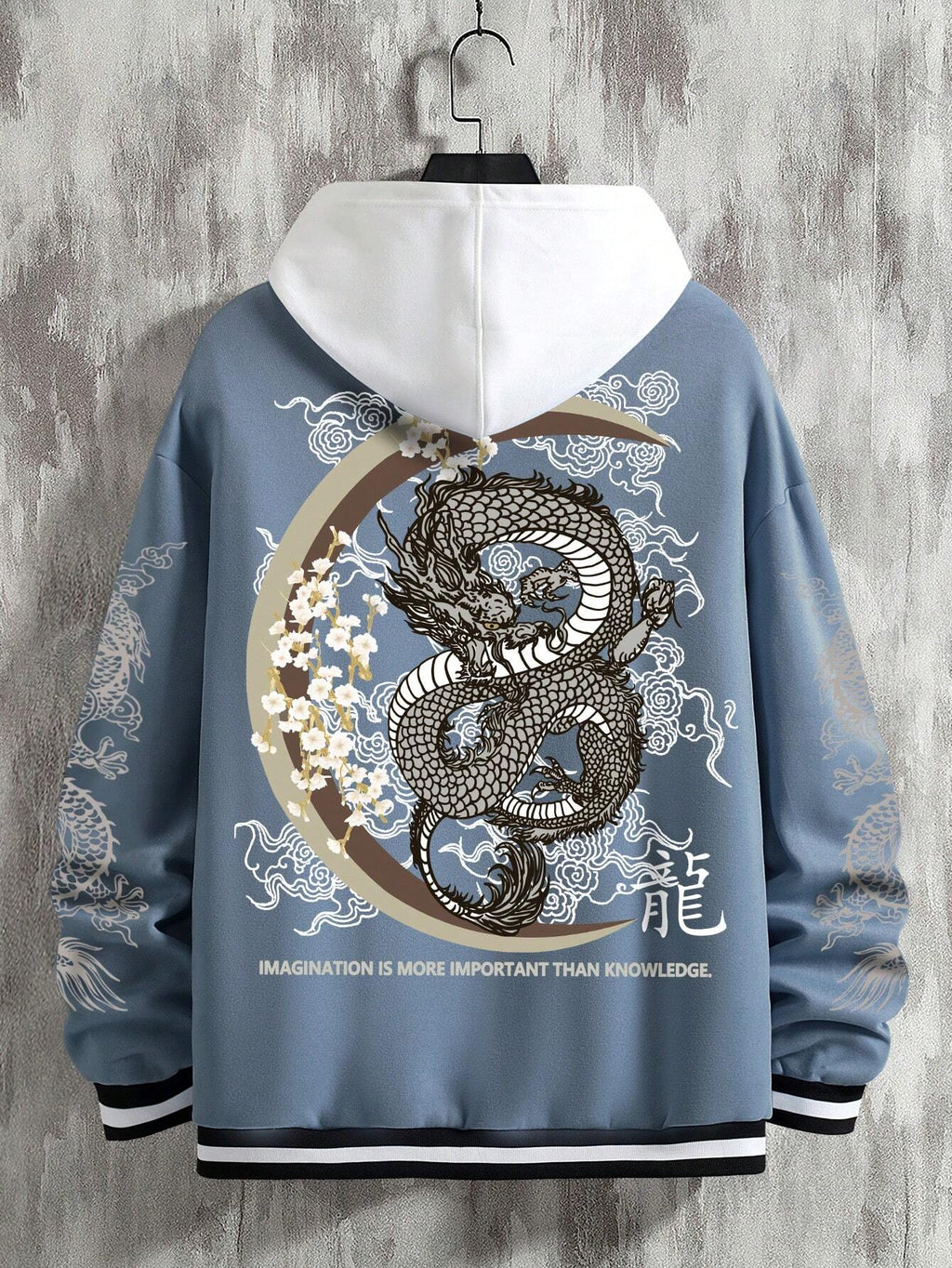 Men Chinese Dragon & Slogan Graphic Striped Trim Drop Shoulder Jacket Without Hoodie