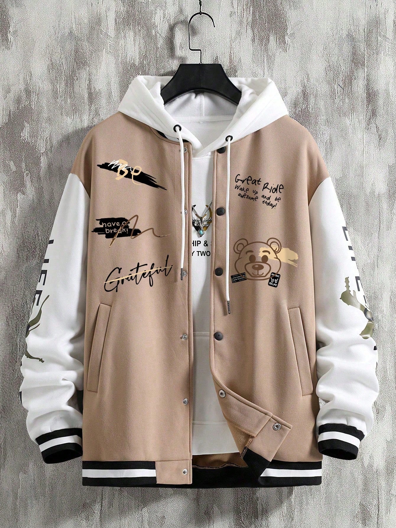 Men's Graffiti Printed Baseball Jacket, For Fall Winter