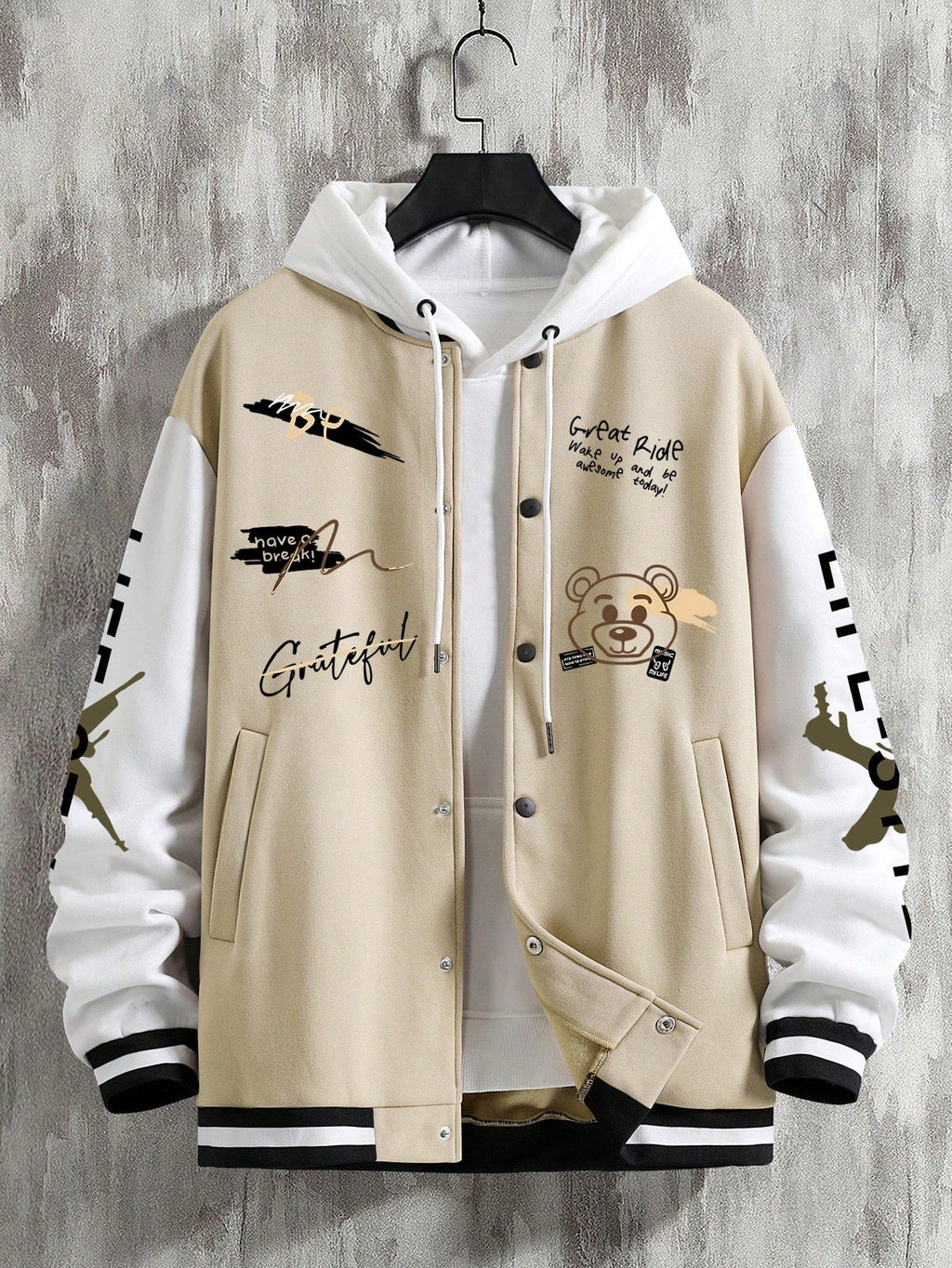 Men's Graffiti Printed Baseball Jacket, For Fall Winter