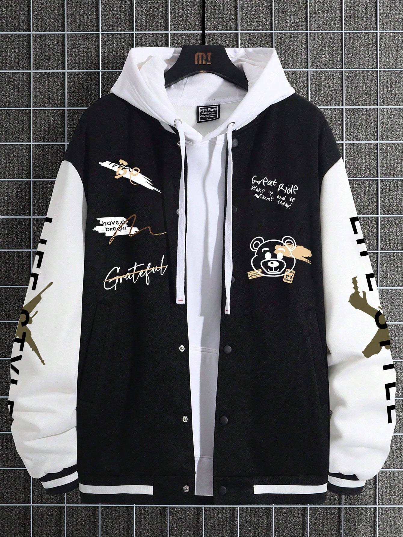 Men's Graffiti Printed Baseball Jacket, For Fall Winter